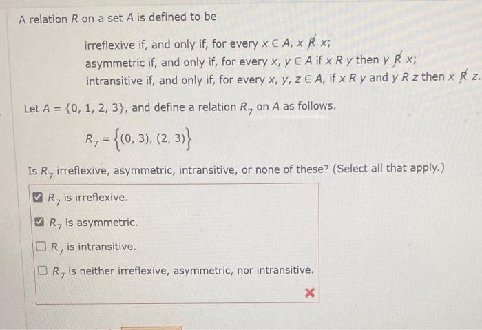 Solved A Relation R On A Set A Is Defined To Be Irreflexive Chegg