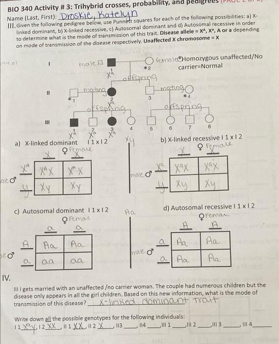 Solved BIO 340 Activity 3 Trihybrid Crosses Probability Chegg