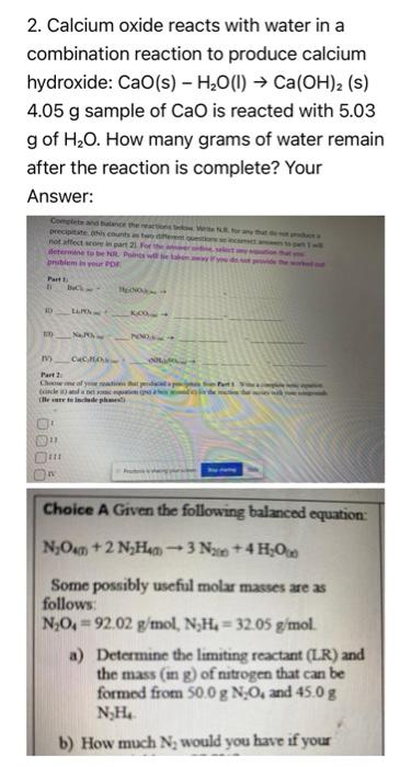 Solved Calcium Oxide Reacts With Water In A Combination Chegg