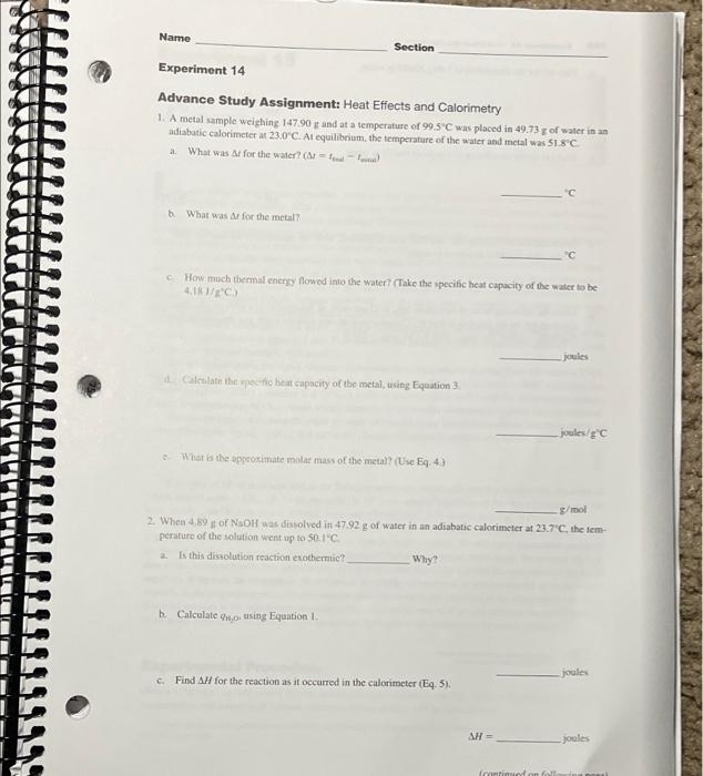 Solved Name Section Experiment 14 Advance Study Assignment Chegg