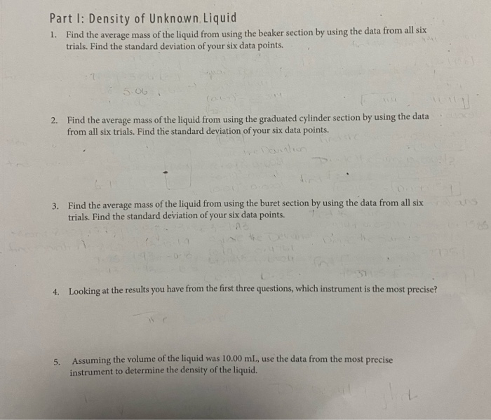 Solved Part I Density Of Unknown Liquid Pg 41 Beaker 8 Chegg