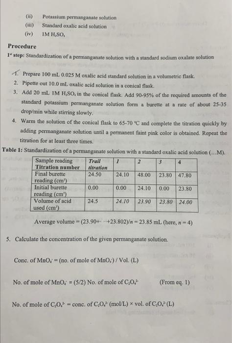 Solved Ii Potassium Permanganate Solution Iii Standard Chegg