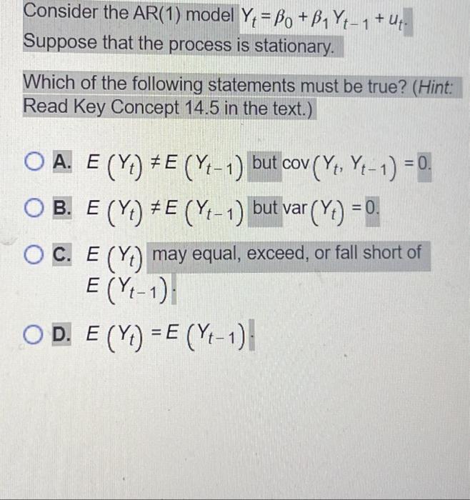 Solved Consider the AR 1 model Yt β0 β1Yt1 ut Suppose that Chegg