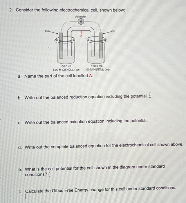 Solved Consider The Following Electrochemical Cell Shown Chegg