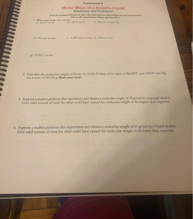 Solved Experiment Molar Mass Of A Volatile Liquid Questions Chegg