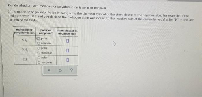 Solved Decide Whether Each Molecule Or Polyatomic Ion Is Chegg