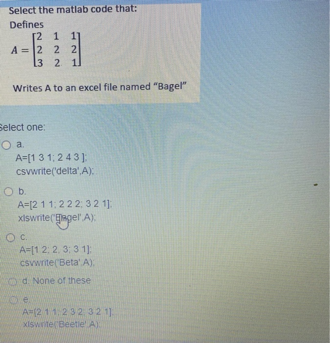 Solved Select The Matlab Code That Defines A Chegg