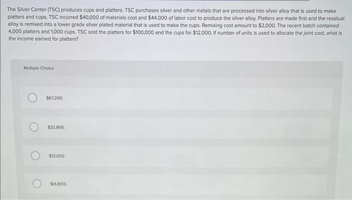 Solved The Silver Center TSC Produces Cups And Platters Chegg