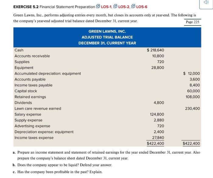 Solved EXERCISE 5 2 Financial Statement Preparation 본 LO5 1 Chegg