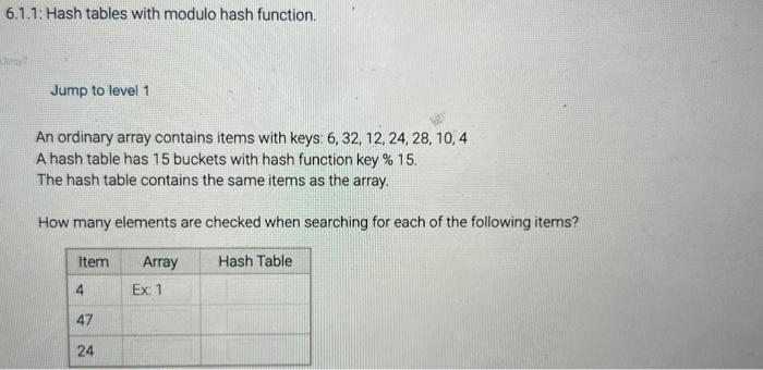 Solved 6 1 1 Hash Tables With Modulo Hash Function Jump To Chegg