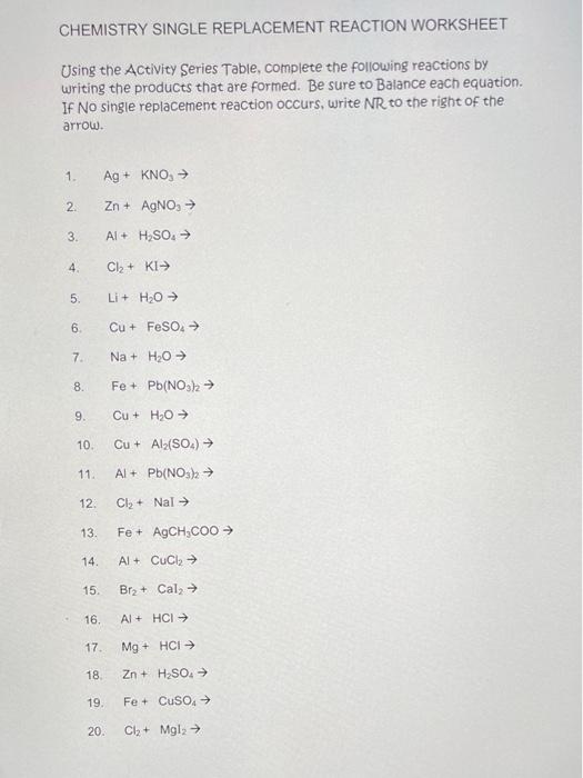 Solved CHEMISTRY SINGLE REPLACEMENT REACTION WORKSHEET Using Chegg