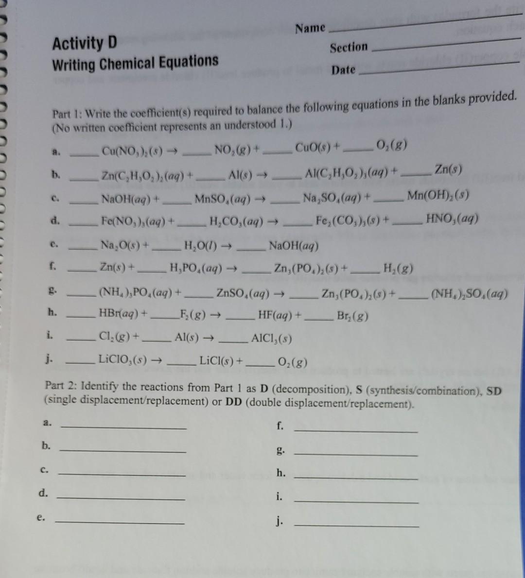 Solved Name Activity D Section Writing Chemical Equations Chegg