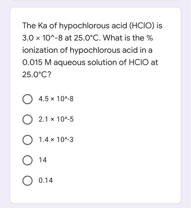 Solved The Ka Of Hypochlorous Acid Hcio Is X At Chegg