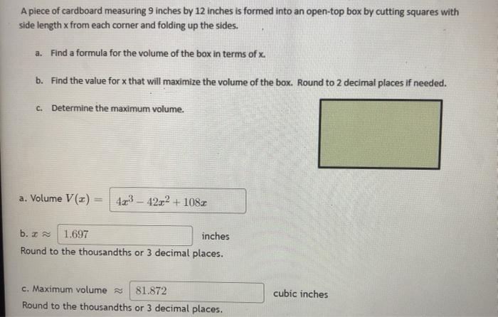 Solved A Piece Of Cardboard Measuring 9 Inches By 12 Inches Chegg