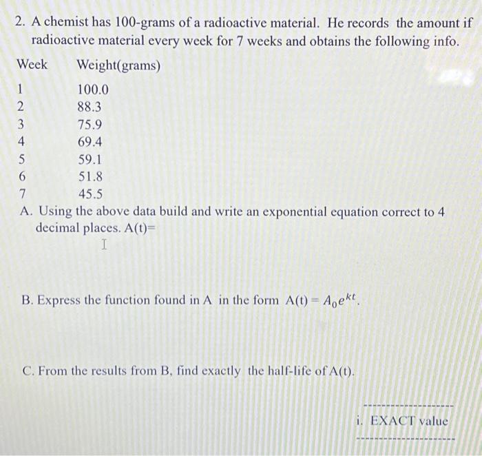 Solved 2 A Chemist Has 100 Grams Of A Radioactive Chegg