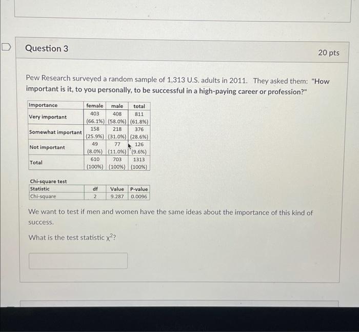 Solved D Question 3 20 Pts Pew Research Surveyed A Random Chegg