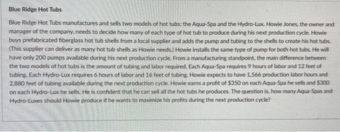 Solved Blue Ridge Hot Tubs Blue Ridge Hot Tubs Manufactures Chegg