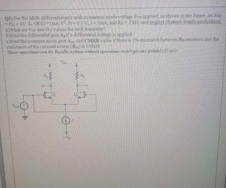 Solved Q For The Mos Differential Pair With A Common Mode Chegg