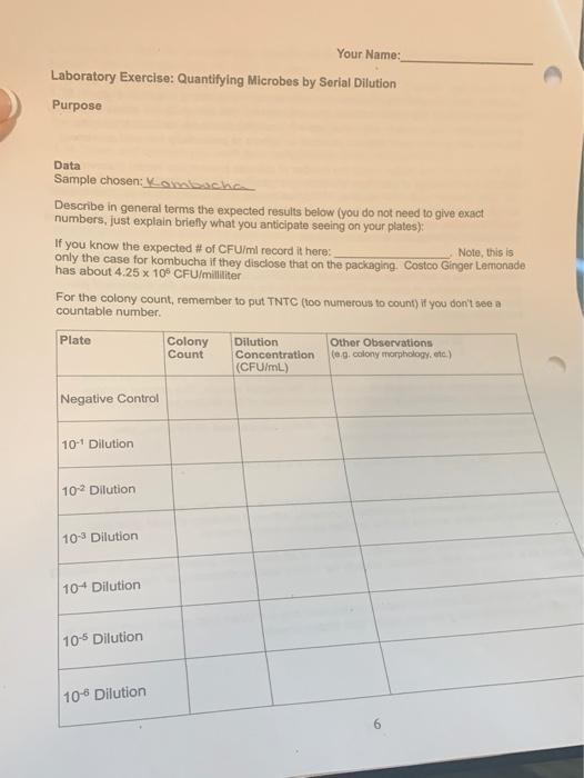 Your Name Laboratory Exercise Quantifying Microbes Chegg