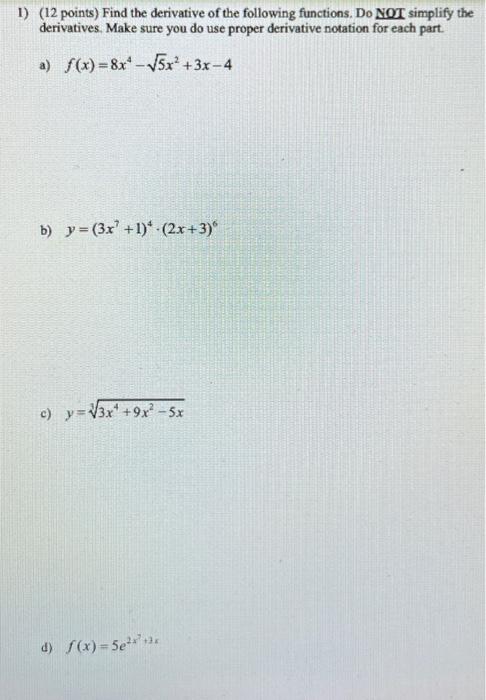 Solved Points Find The Derivative Of The Following Chegg