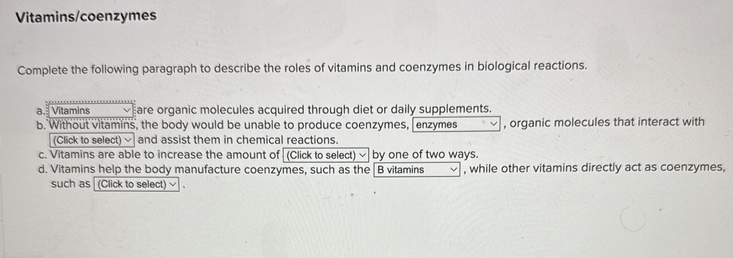 Solved Vitamins Coenzymescomplete The Following Paragraph To Chegg