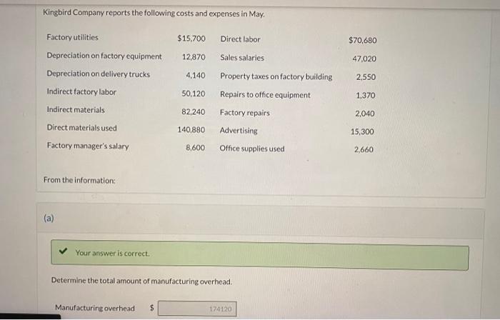 Solved Kingbird Company Reports The Following Costs And Chegg