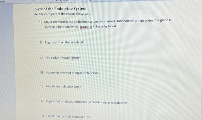 Solved Parts Of The Endocrine System Identify Each Part