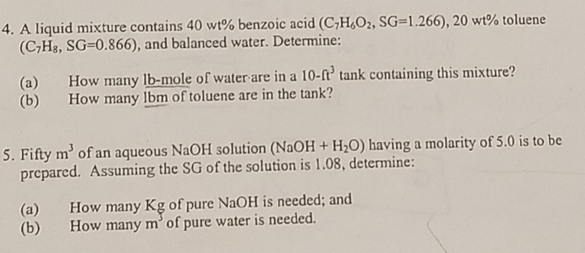 Solved A Liquid Mixture Contains Wt Benzoic Acid Chegg