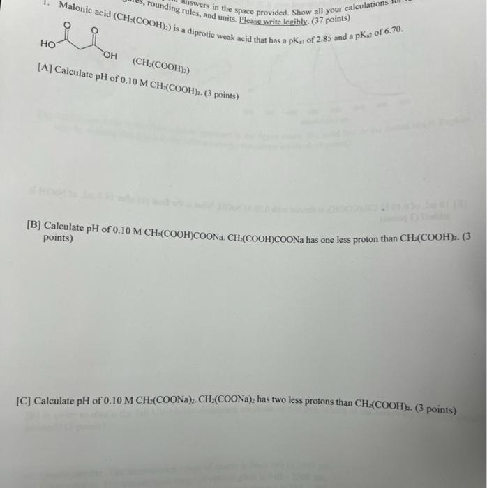 Solved 1 Malonic Acid CH CH2 COOH 2 A Calculate PH Of Chegg