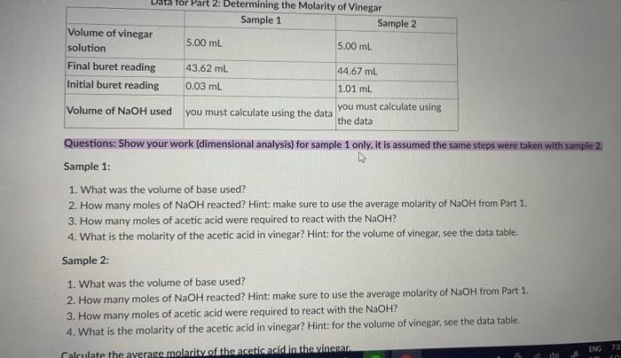 Solved Data For Part 2 Determining The Molarity Of Vinegar Chegg