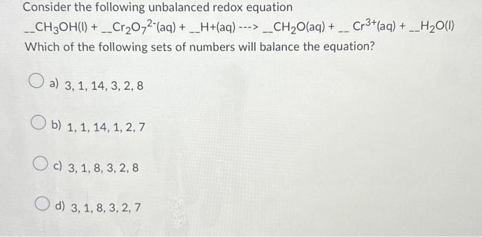 Solved Consider The Following Unbalanced Redox Equation Chegg