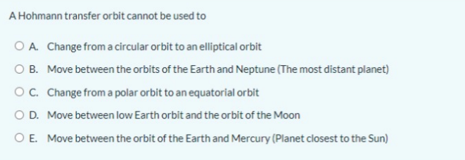 Solved A Hohmann Transfer Orbit Cannot Be Used Toa Change Chegg