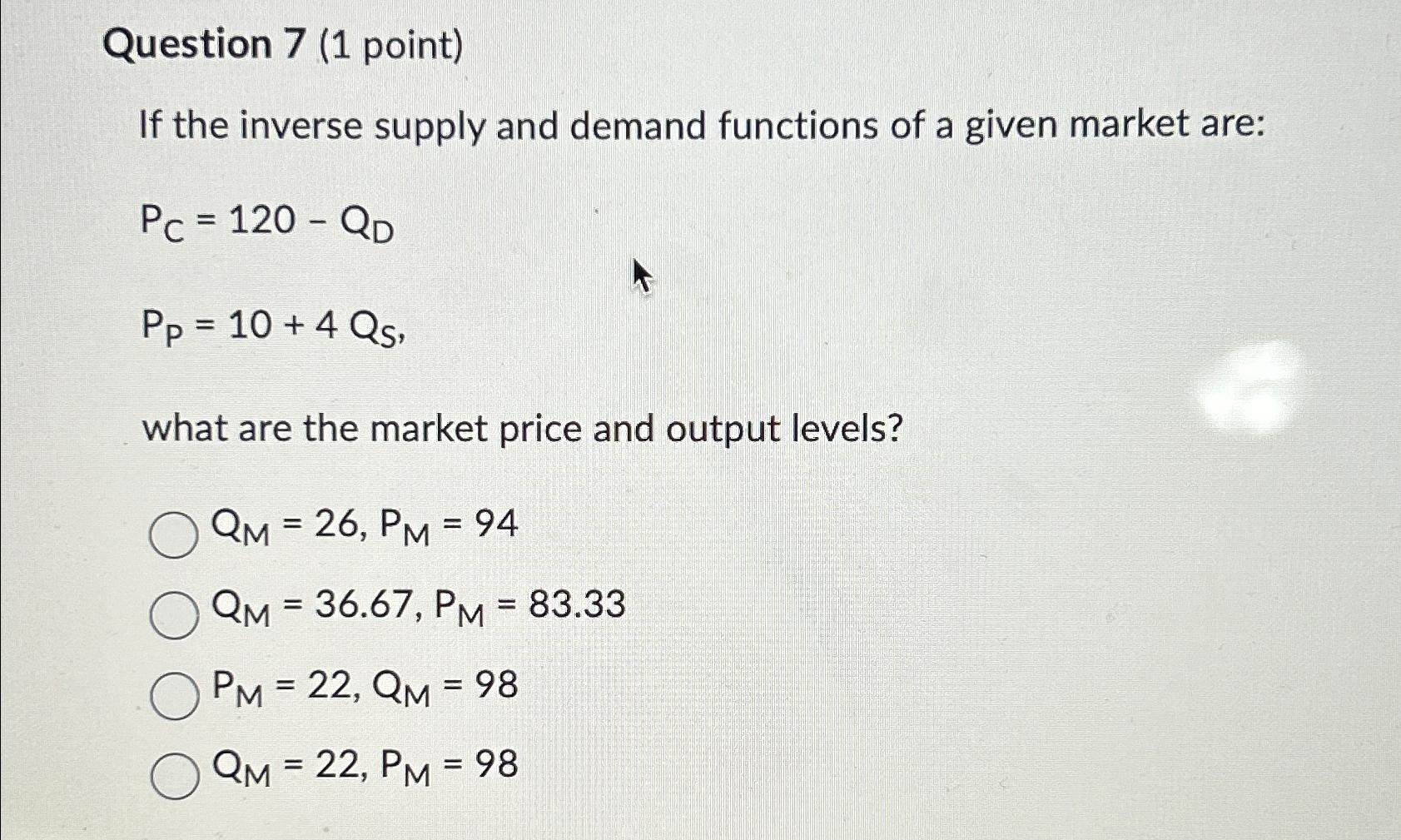 Solved Question Point If The Inverse Supply And Demand Chegg