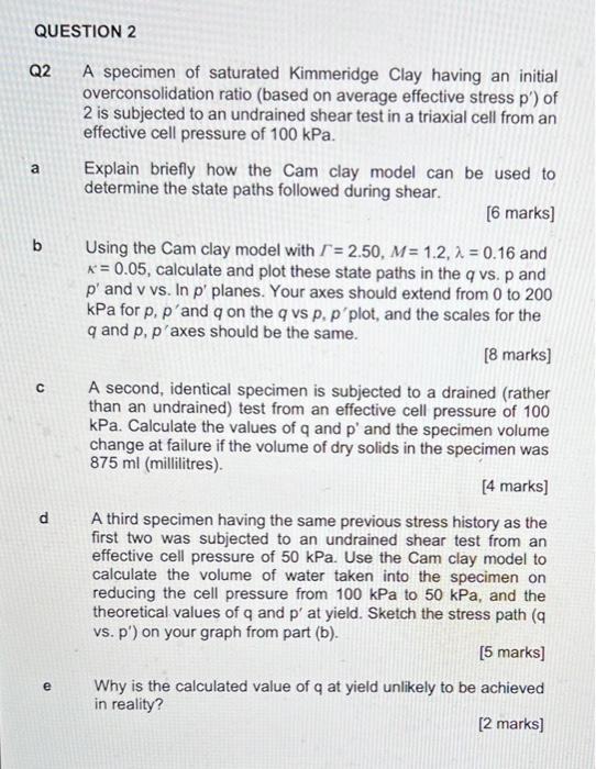 Solved Question Q A Specimen Of Saturated Kimmeridge Clay Chegg