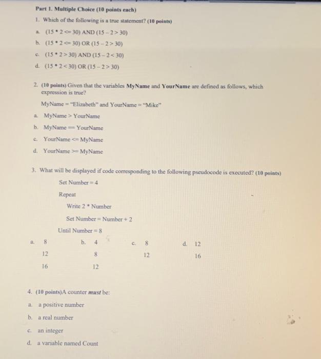 Solved Part 1 Multiple Choice 10 Points Each 1 Which Of Chegg