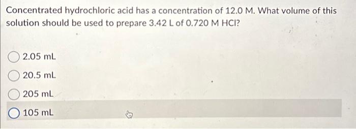 Solved Concentrated Hydrochloric Acid Has A Concentration Of Chegg