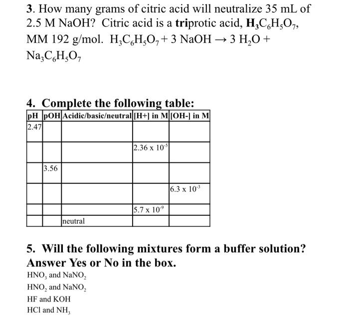 Solved 3 How Many Grams Of Citric Acid Will Neutralize 35 Chegg