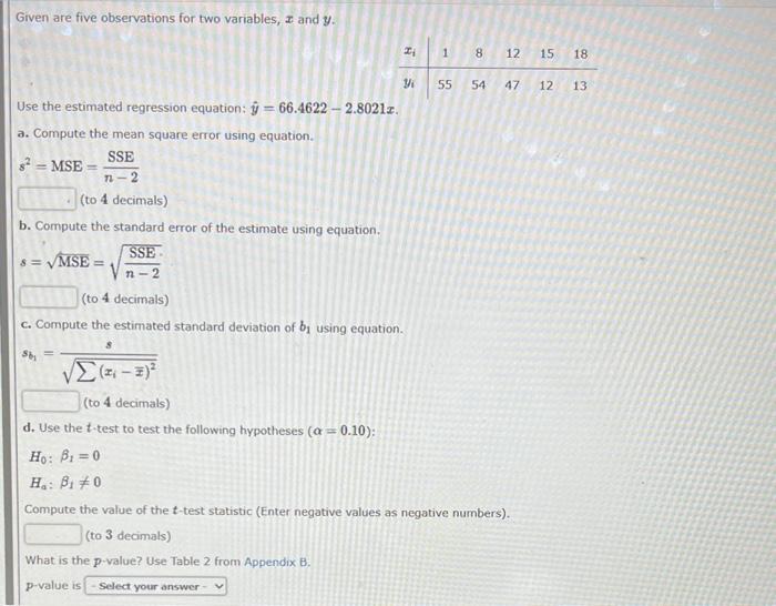 Given Are Five Observations For Two Variables X And Chegg