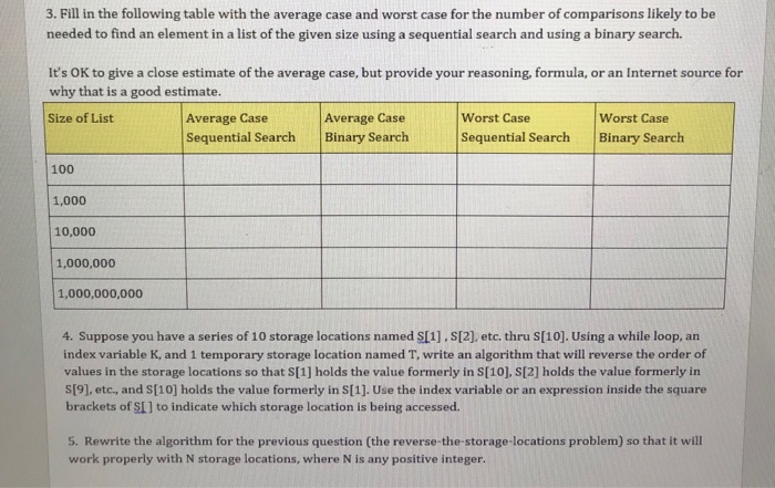 Solved 3 Fill In The Following Table With The Average Case Chegg