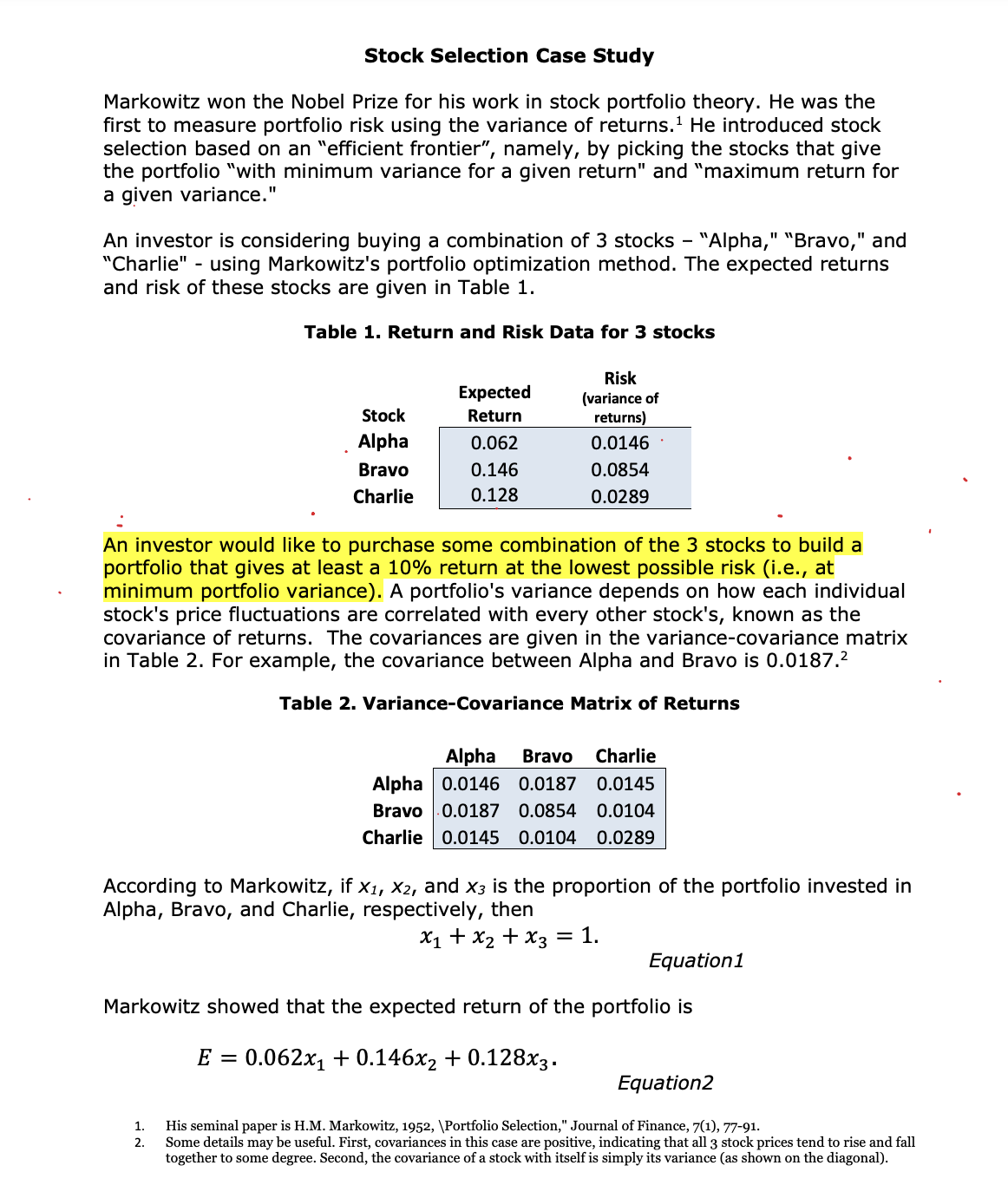 Solved Stock Selection Case StudyMarkowitz Won The Nobel Chegg