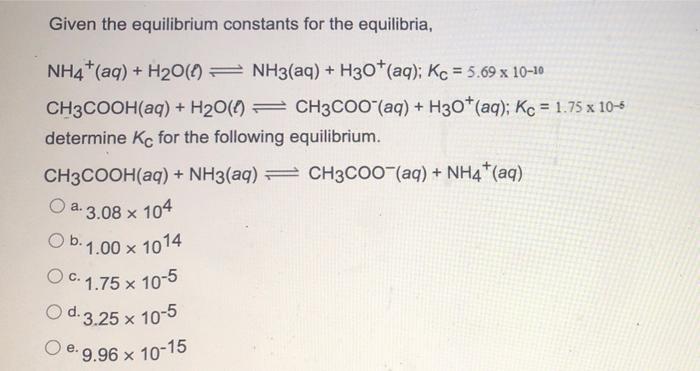 Solved Given The Equilibrium Constants For The Equilibria Chegg