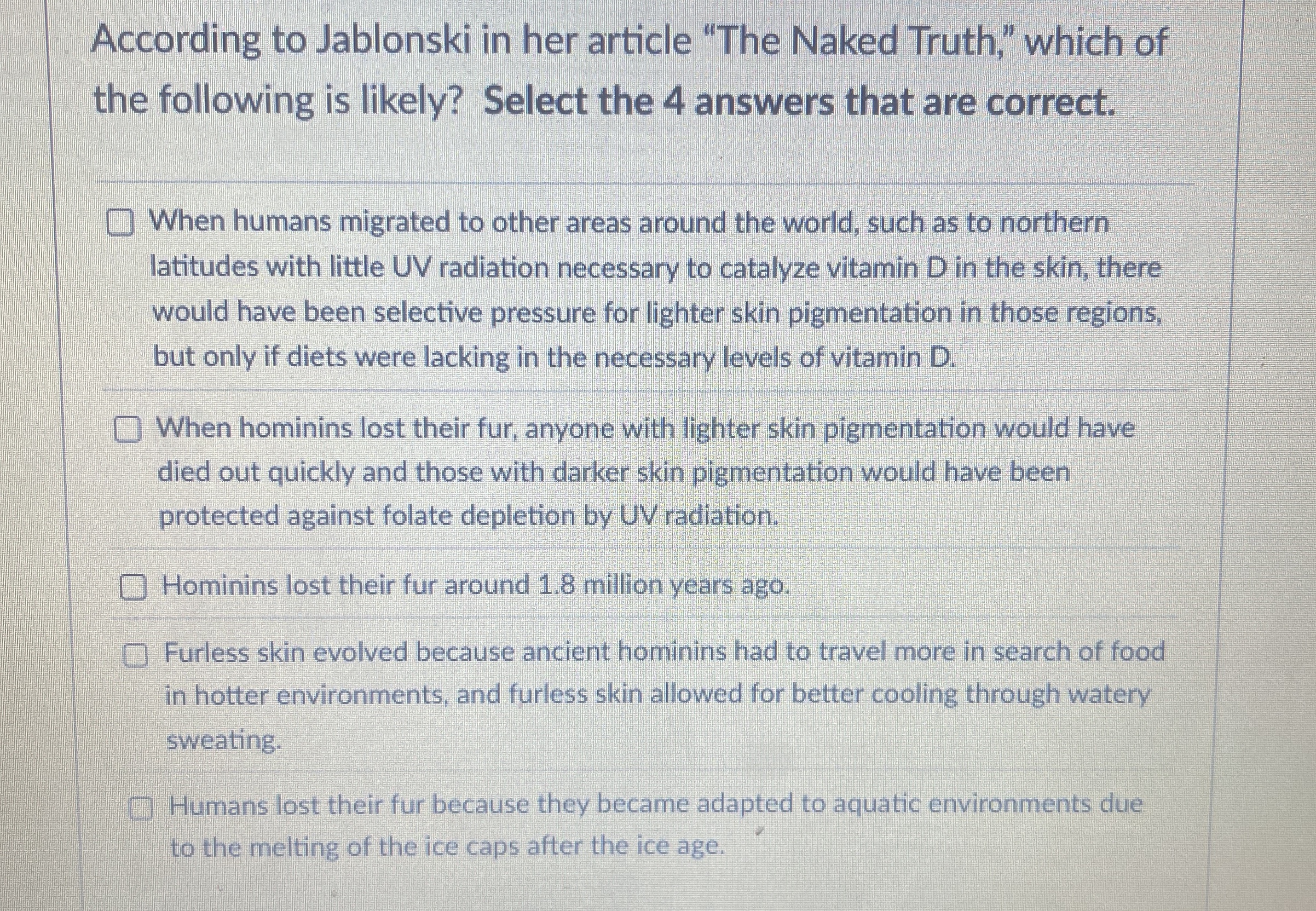 Solved According To Jablonski In Her Article The Naked Chegg