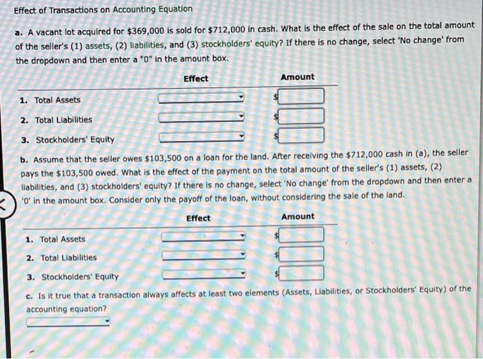 Solved Effect Of Transactions On Accounting Equation A A Chegg