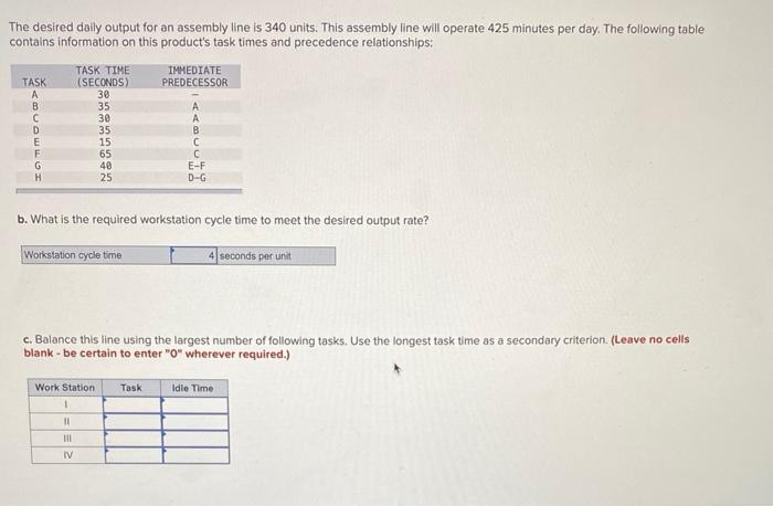 Solved The Desired Daily Output For An Assembly Line Is 340 Chegg