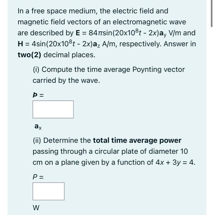 Solved In A Free Space Medium The Electric Field And Chegg