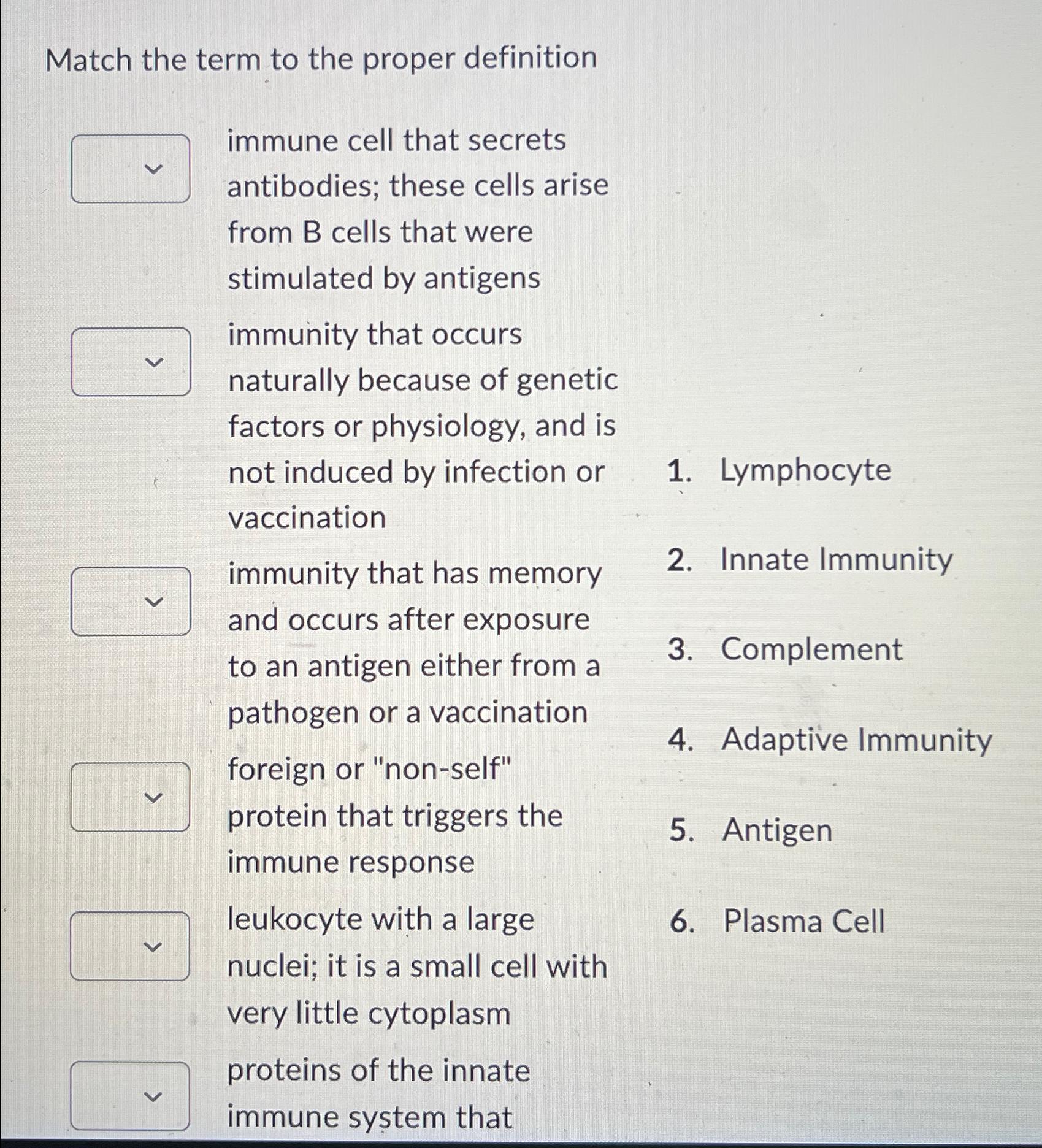 Solved Match The Term To The Proper Definitionimmune Cell Chegg