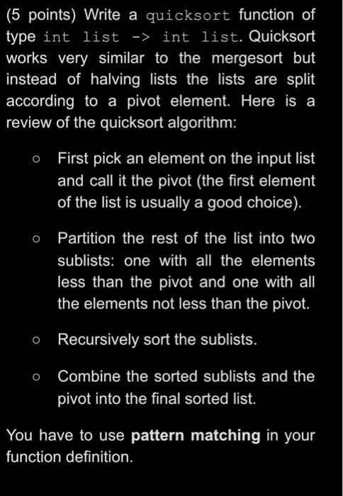 Solved Points Write A Quicksort Function Of Type Int Chegg