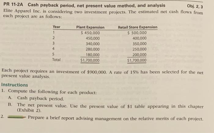 Solved Pr A Cash Payback Period Net Present Value Chegg