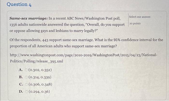 Solved Same Sex Marriage In A Recent Abc News Washington Chegg