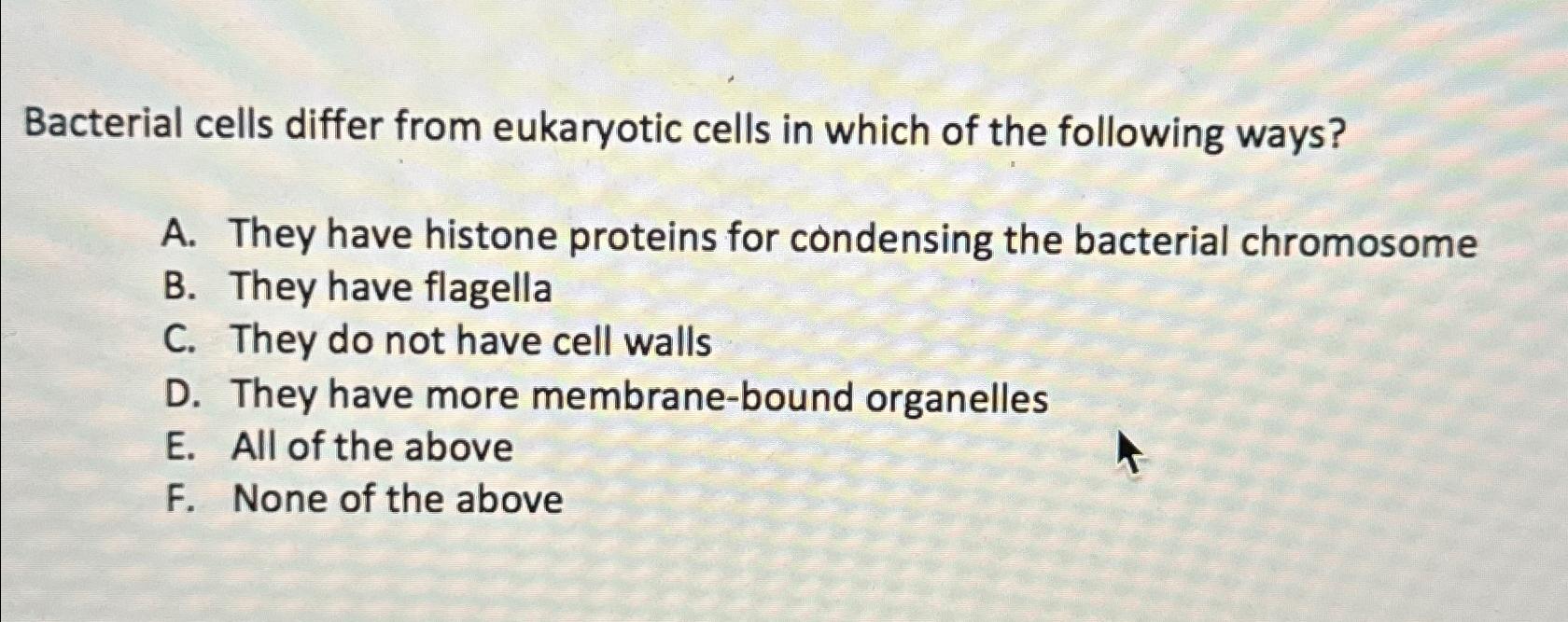 Solved Bacterial Cells Differ From Eukaryotic Cells In Which Chegg